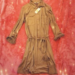 Camel-colored sued belted thigh-length dress.